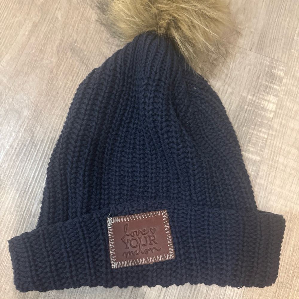 Love Your‎ Melon Navy Knit beanie with Tan Pom